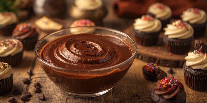 Luscious chocolate brownie batter in clear bowl with assorted chocolate desserts and cupcakes on natural wood table