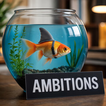 goldfish with shark fin in bowl ambitions text conceptual creative ambition metaphor playful thought provoking high detail lighting