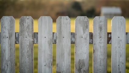 Fototapeta premium Worn white wooden fence close view with old peeling stain details