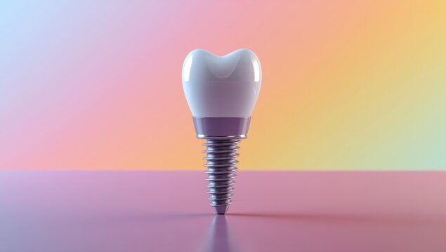 Tooth implant and ceramic crown dental concept shown with a bright and colorful background