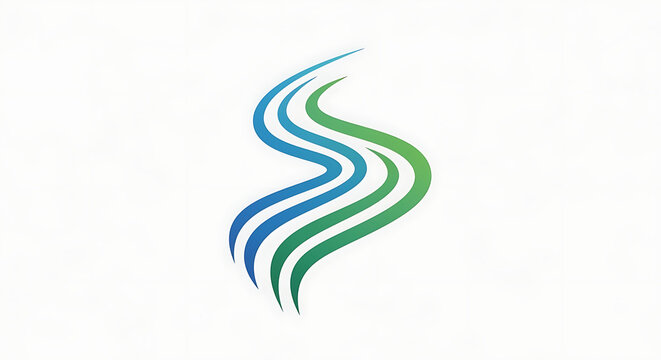 Abstract wavy lines in blue and green colors forming a dynamic S shape logo