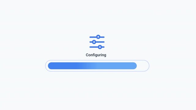 Animated configuring interface with settings icon and rounded progress bar. Clean flat motion graphic for system configuration, software setup, application initialization, and digital workflow concept