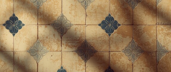 Obraz premium Textured backdrop showcasing retro geometric tiles with blue blossom designs