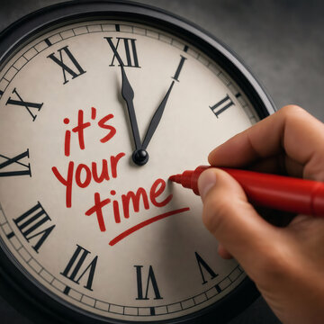 urgent motivation hand holding red marker writing its your time on clock face seize the moment deadline action