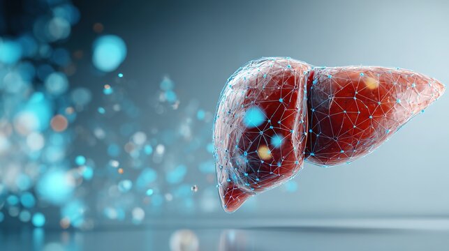 Detailed 3D medical illustration of human liver cirrhosis pathology, damaged hepatic tissue with scarring and fibrosis, cross section anatomical closeup showing chronic liver disease structural damage