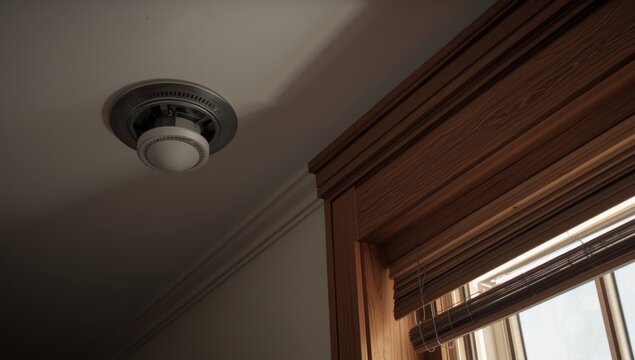 Metal white air vent fixture on ceiling next to wood accented window with tinted shades and grille