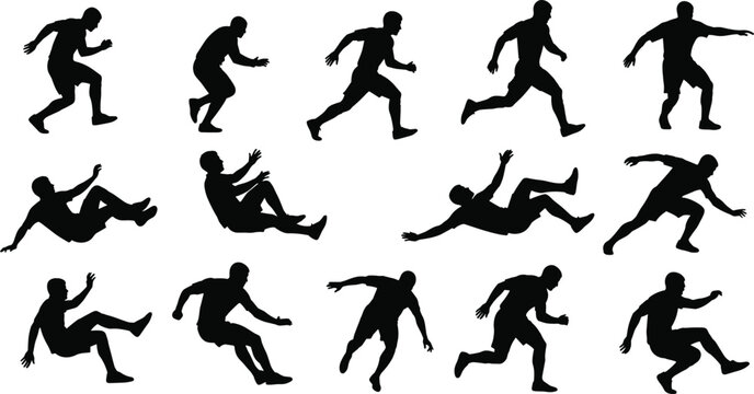 Silhouettes set of runners sprinting, slipping, stumbling, and falling down, concepts of athletic sports injuries, physical accidents, and training hazards