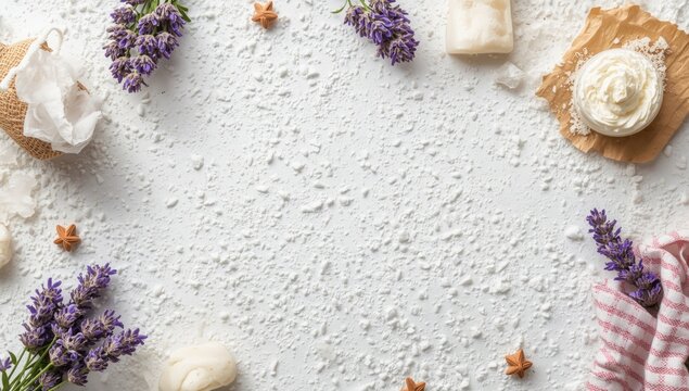 Textured white surface with lavender spa products sea salt cream and handmade soap