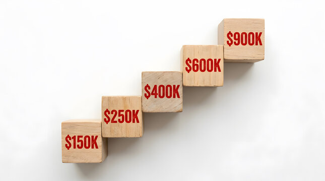 Increasing Income Levels on Wooden Blocks with Red Text | Financial Growth and Investment Strategy Success Concept | Wealth Accumulation Scaling from 150K to 900K | Business Revenue Goals