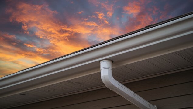 White gutter guard assemblies with gray vinyl fascia and soffit on attic roof under dramatic sunset sky