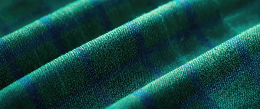 Woven cotton textile in green blue plaid design