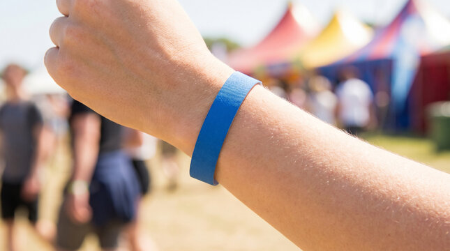 Close-Up Mockup of Blank Blue Paper Wristband on Person's Arm at Outdoor Festival