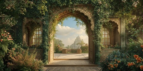 Fototapeta premium Vibrant mural wallpaper design featuring a peacock arch and rich botanical plants in a Mughal garden setting