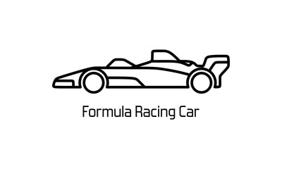 Obraz premium Formula racing car outline icon presented as minimalist vector line art in side profile on a light background, symbolizing motorsport competition, speed, engineering.
