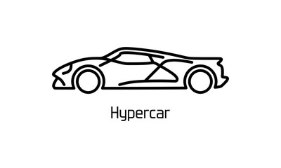 Fototapeta premium Hypercar outline icon displayed as clean vector line art in side view on a light background, representing high performance automotive innovation for transportation, branding, interface, infographic.