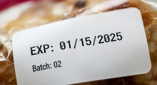 Close-up of a food expiration date label showing the expiry date of January 15, 2025, and batch number