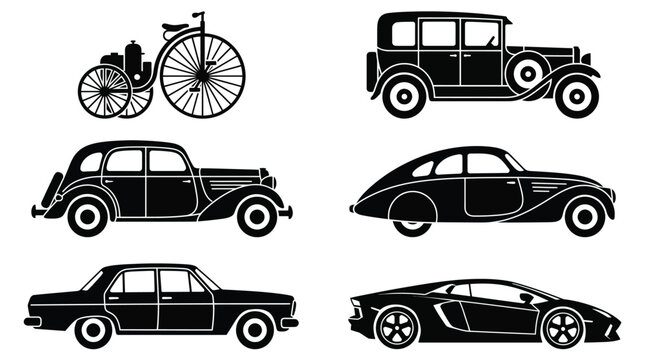Detailed black vector illustration set showcasing various historical and modern automobile designs for graphic projects