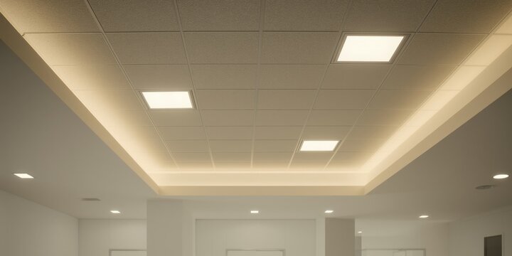 Room from above displaying drywall walls and ceiling with square halogen lighting and suspended cassette tiles