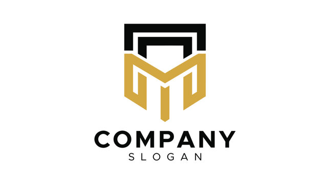 Minimalist vector logo design featuring an elegant geometric letter m emblem in black and gold