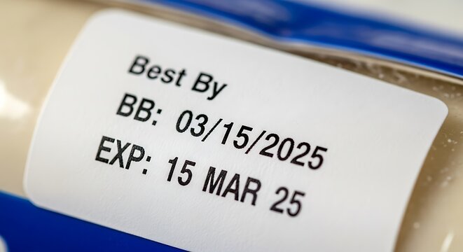 Close-up of a white product label showing best before and expiration date for food safety and quality control