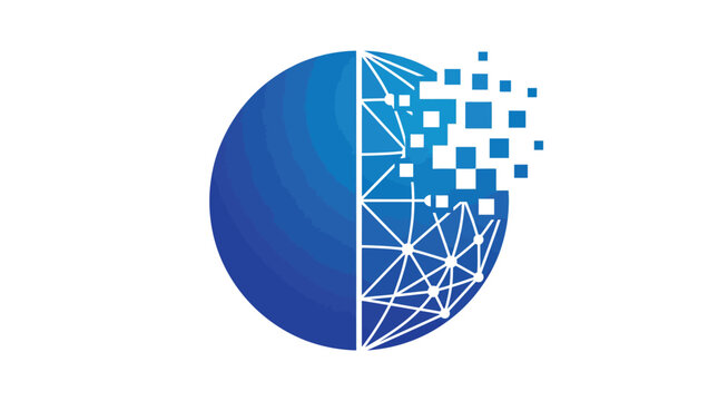 Abstract blue vector illustration of a globe dissolving into digital square pixels and network lines