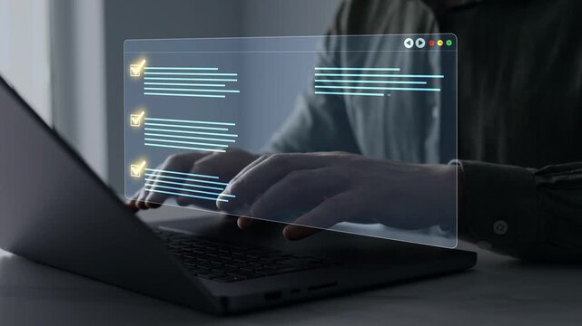 Businessman in computer doing online data documentation checklist survey. Fast checklist,clipboard task business management.Productivity checklist and filling survey form online.	
