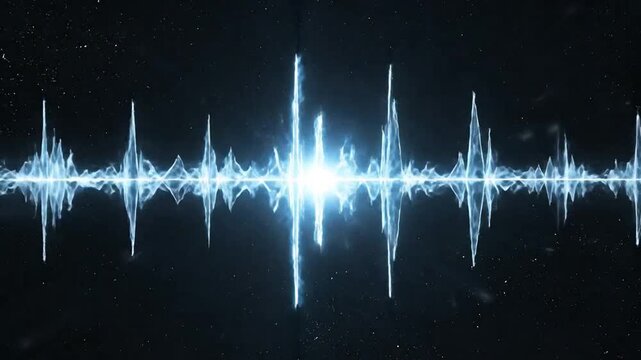 A glowing blue digital sound wave pulses against a dark starry background