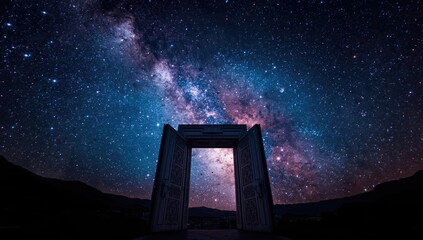 Obraz premium Open entrance revealing a vibrant galaxy against the dark sky