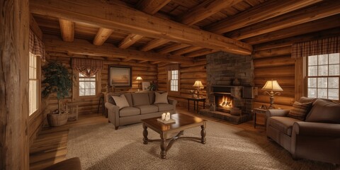 Obraz premium Rustic farmhouse interior showcasing a carpeted log cabin lounge with soft lighting