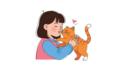 Heartwarming illustration of a young girl hugging and kissing her pet ginger cat on a clean white background with a small heart.