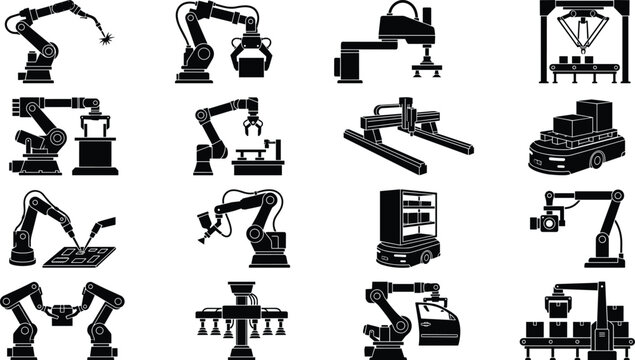Industrial robot icons showing robotic arms welding, painting, assembling, gripping, packaging, material handling, automation systems, and production technology