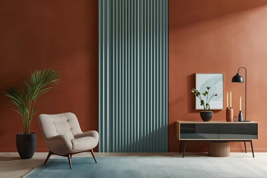 Modern living room interior with terracotta wall armchair and sideboard