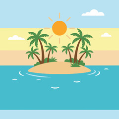 Obraz premium An island with palm trees, sun, clouds and ocean in a cartoon style