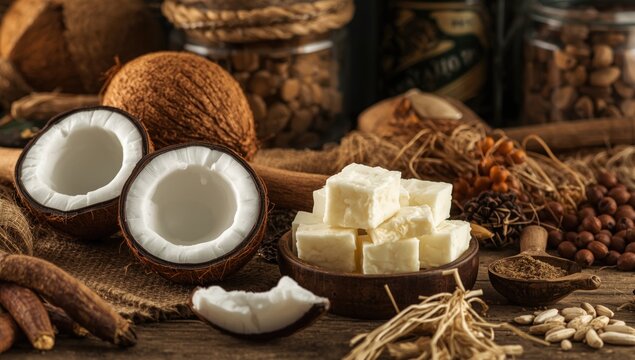 Organized display of coconut and shea butter with a warm natural ingredient setting