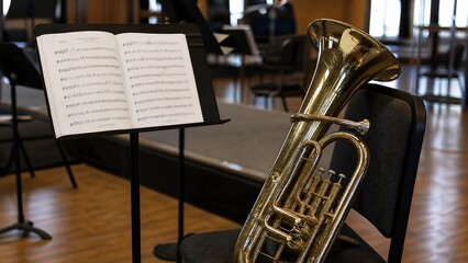 Obraz premium Open music score on a stand with a euphonium beside it in a rehearsal room.