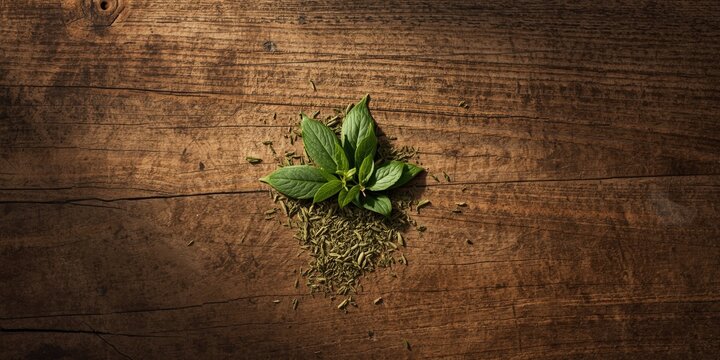 Yerba mate leaves prepped for infusion scattered on a rough textured natural wood backdrop