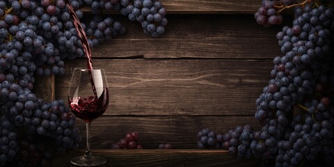 Obraz premium Lush grapes and rustic barrel frame rich red wine pouring elegantly into glass on dark vintage background with copy space