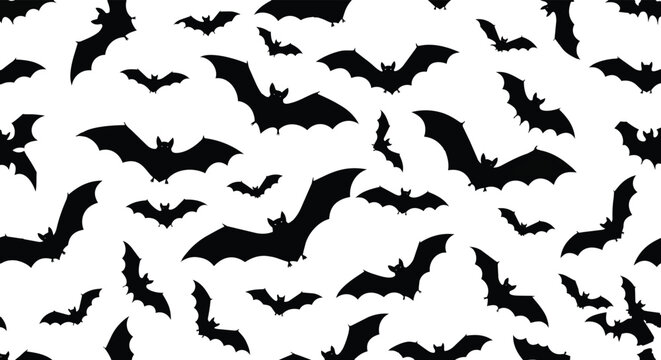 Halloween bat seamless pattern vector, black flying bats silhouettes on white background, spooky animal wallpaper for gothic textile design