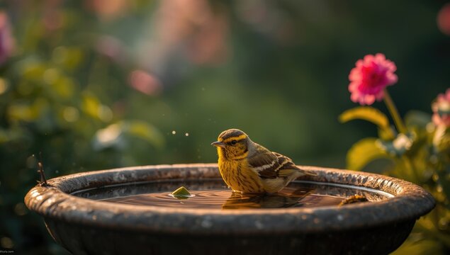 Yellow Breasted Warbler Mid Bath in a Quiet Garden Birdbath Setting
