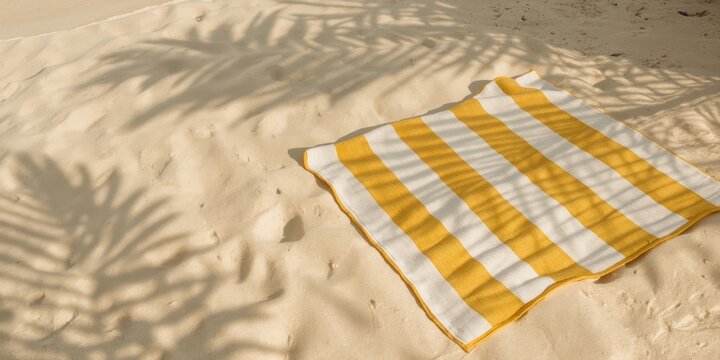 Sunlit beach towel with yellow and white stripes casting palm leaf shadows on sand