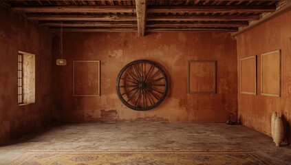 Obraz premium Ethnic decor interior with wooden beams and African tribal wooden wheel plus empty frames