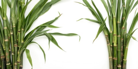 Naklejka premium Isolated sugarcane stalks and fresh leaves on white backdrop with copy space