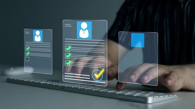 Business professional reviewing digital CV on a laptop, analyzing candidate profiles for recruitment and hiring decisions.Concept of Human Resources ,election and online application screening process.