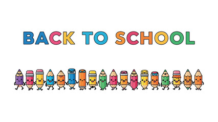 Fototapeta premium Back To School Supplies: A cheerful row of cartoon stationery characters, including pencils and erasers, cheerfully greets students as they return to school for a new academic year.