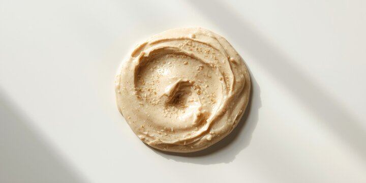 Top angle of fresh sesame seed tahini spread showcased on a clean white surface