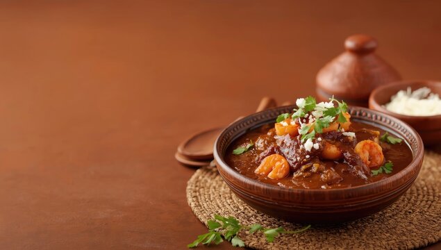 Romeritos cooked in rich mole sauce with shrimp illustrating Mexican food culture