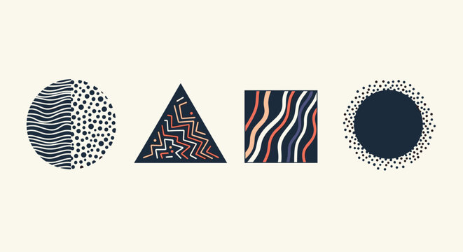 Four geometric shapes including a circle, triangle, and square filled with unique abstract patterns and artistic line designs.