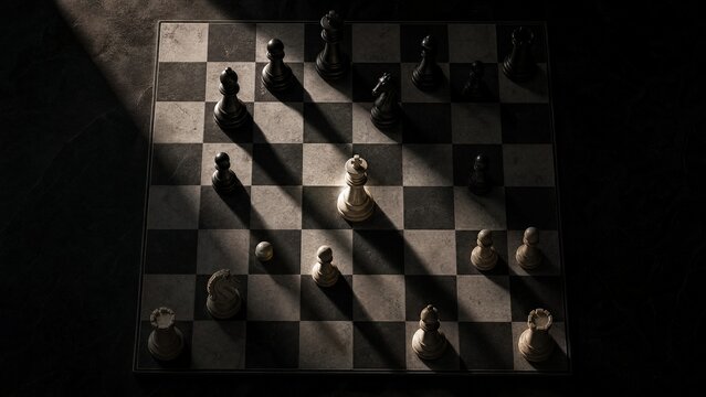 A chessboard in mid-game with a highlighted king piece, top-down view with dramatic shadows.