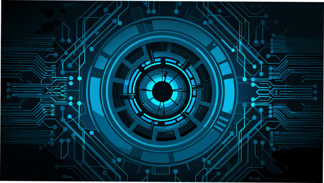Central mechanical eye with circuit board pattern blue glowing lines