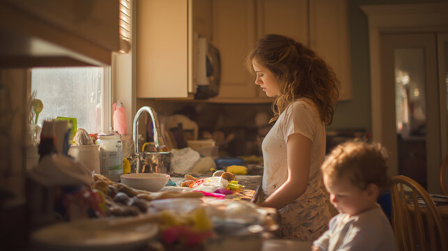 young mother chaotic morning messy kitchen